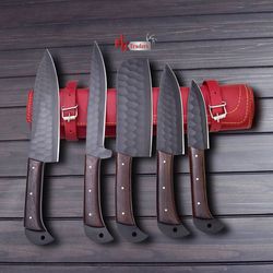 custom handmade HIGH CARBON FORGED CHEF KNIFE // SET OF 5 with leather bag, mktraders, mk3502m