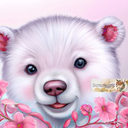 White bear illustration with pink flowers-14