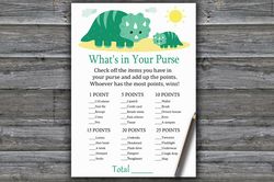 Dinosaur themed What's in your purse game,Dinosaur Baby shower games printable,Fun Baby Shower Activity-342