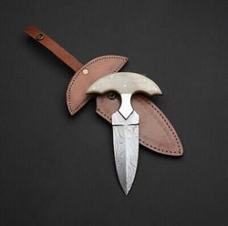 CUSTOM HANDMADE DAMASCUS STEEL HUNTING DAGGER KNIFE/CAMEL BONE&STEEL CLIP HANDLE