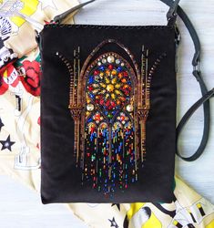 Gothic Stained Glass Window Beads Embroidery Velvet Crossbody Bag