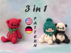 Amigurumi crochet pattern Panda Snowman Bear - Crochet Animals - Amigurumi PDF Tutorial 3 in 1 | Tomato