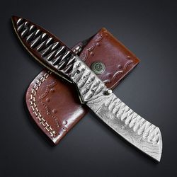 custom handmade hunting tracker  pocket folding knife with leather sheath hand forged knife outdoor knife mk 3835m