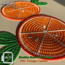 FSL design for embroidery - Crochet Orange Coaster FSL 5x7" -Juicy orange fruit pattern- Digital download