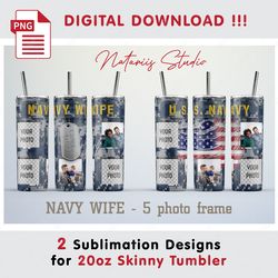 2 Navy Wife Photo Frame Templates - Seamless Sublimation Patterns - 20oz SKINNY TUMBLER - Full Tumbler Wrap