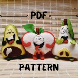 3 Pattern felt toys Kiwi Apple Pear 3 Felt fruits pattern Plush Sewing Pattern Fruit decor Sewing pattern Felt Food PDF