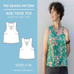 "PDF Woven Tank Top Sewing Pattern | US Sizes 0-32 | Cup Sizes A-F | Miri Tank Sewing Pattern | Beginner pattern