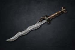 Custom Handmade Damascus Steel Dragon Sword, Mold Handle Dragon Style With Leather Sheath Beautiful Sword Gift For Fathe