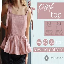 Gathered Smock Top Sewing Pattern With Tie-Straps | Xs-Xl | PDF A0, A4, US Letter Size  Video Tutorial and Written