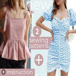 Mini Puff Sleeve Dress  Gathered Smock Top Sewing Pattern | Xs-Xl | PDF A0, A4, US Letter Size  Video Tutorial