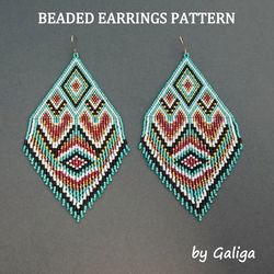 Teal and Red Fringe Beaded Earrings Pattern Brick Stitch Delica Seed Beads Beadwork Jewelry DIY Beading Large Earrings