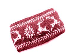 Hand Knit Wool Headband Norwegian Ear Warmers Unisex Head Wrap Headband Deer Pattern Warm Hair Accessory Christmas Gift