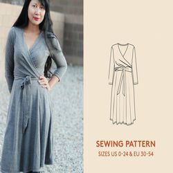 Dress sewing pattern, wrap dress in plus sizes for women, women's PDF sewing pattern