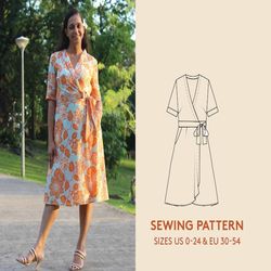 Wrap Dress sewing pattern in women's sizes us 0-24/EU 30-54, linen dress, PDF sewing pattern, instant download