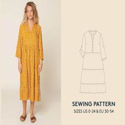 Smock dress Sewing Pattern and video Tutorial in sizes US 0-24 Euro 30-54, Tiered smock dress PDF sewing pattern