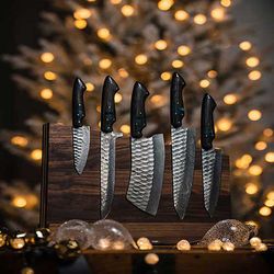 Damascus chef set of 5 handmade pieces with leather, whole kitchen knife set, new design, damascus chef set mk048aa