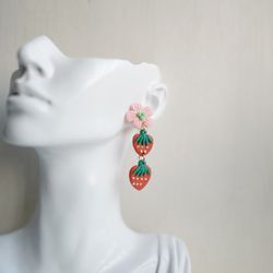 Handmade unique polymer clay earrings | strawberry flower fruit pattern | gifts for kids, Drop earrings