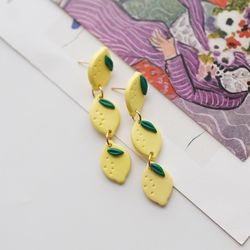 Vibrant Lemon Fruit Pattern Polymer Clay Drop Earrings - Fun and Funky Handmade Jewelry - Gift for Kids