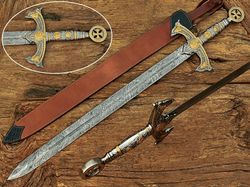 Handmade Templar Knights Sacred Holy Longsword Ornate Full Length Steel Sword| Medieval Sword With Leather Sheath
