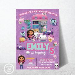 Personalized File Gabbys Dollhouse Birthday Invitation | Editable Gabby's Kids Birthday invite | Pandy| Digital PNG
