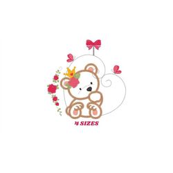 Female Bear embroidery designs - Baby girl embroidery design machine embroidery pattern - Bear with flowers and crown em
