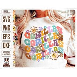 Floral Gorillas SVG PNG, Retro College Game Day Shirt DTF Design, Groovy American Football Sublimation, Distressed Girls