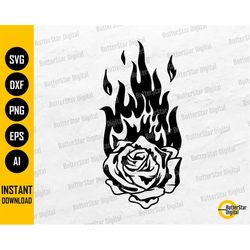 Flaming Rose SVG | Cute Flower Traditional Tattoo Decals T-Shirt Sticker Stencil | Cricut Silhouette Clip Art Vector Dig