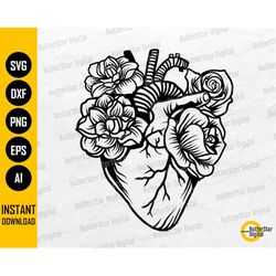 Floral Anatomical Heart SVG | Cardiology SVG | Love Tattoo Decals T-Shirt Design | Cricut Silhouette Clip Art Vector Dig