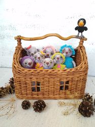 Set of 7 crocheted bears mini in clothes and one bird. Small crochet bears in wicker basket for gift, for nursery decor.