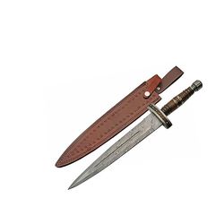 19" Wood/Brass handle Adorned Damascus Steel Short Sword, Brown