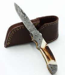 Hand Forged Pocket Folding Knife Handmade Damascus Steel Hunting Knife