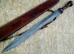 DAMASCUS KNIFE HANDMADE -28.50 INCHES Rose Wood Handle GLADIOUS Sword With Sheath Gift For Him Christmas Gift