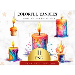 Set of 11, Colorful Candles Clipart, Candle PNG, Birthday Party Clipart, Candle Bundle, Junk Journal Png, Sublimation PN