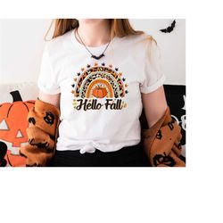 Hello Fall Pumpkin Shirt,Fall Rainbow T-shirt,Fall Shirt for Womens,Autumn Vibes Shirt,Thanksgiving Graphic T-shirt,Pump