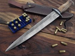 Custom Handmade Damascus Steel Hunting Dagger knife comes with leather sheath.