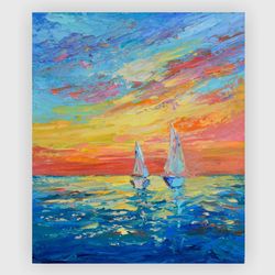 Californian coast Sailboat painting original art Boat artwork Seascape oil painting Sunset wall art