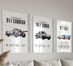 Porsche Set of 3 Prints Wall Art for Kids Boys Room Decor Children Home Office