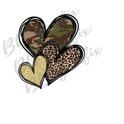 Digital Png File - Heart Trio Leopard Camo Gold Printable Waterslide Clip Art Valentines Day Sublimation Design INSTANT