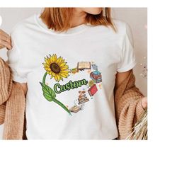 Custom Shirts, Personalized Gifts for Her, Cute Book Shirt, Sunflower Graphic Tees, Teacher Gifts, Customized Vneck Tshi