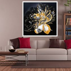 flower canvas print art with gold and black leaves, a bunch of gold flowers modern wall decor, gift floral canvas print