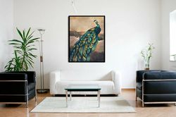 green feathered peacock canvas print art, peacock on branch ready to hang on wall canvas print art, gift animal portrait