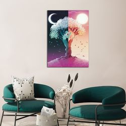 valentines from tree canvas print art, day and night ready to hang on the wall canvas wall decor, moon and sun canvas pr