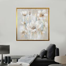 gold and white leaf flower canvas print art, a bunch of gold flowers modern wall decor, gift floral canvas print