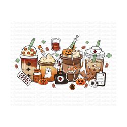 Halloween Coffee Nursing PNG, Funny Nurse Halloween, Nurse Coffee Cups, Iced Coffee Drink Cozy Design, Halloween Coffee