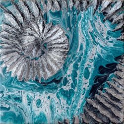 Modern Painting Interior Acrylic on Canvas. Sea foam Seascape Fluid Art Abstract Painting Blue Ocean Sea Painting Water