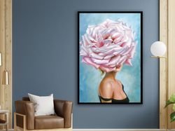 Pink Flower Woman, Pink Rose Woman, Flower Canvas Print, Floral Canvas, Fashion Poster, Wall Art Canvas Design, Framed C