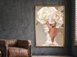 White Flower Woman, White Rose Woman, Flower Canvas Print, Floral Canvas Decor, Fashion Poster, Wall Art Design, Framed