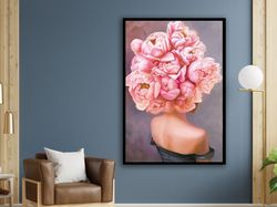 Pink Flower Woman, Pink Rose Woman, Flower Canvas Print, Floral Canvas, Fashion Poster, Wall Art Canvas Design, Framed C