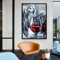 Woman And Wine Glass Canvas Print,Woman And Wine Canvas, Wine Glasses Art, Red Wine Print, Beautiful Woman Wall Art, Wom