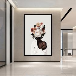 Flower Head African Woman Canvas Wall Art , African Woman Canvas Home Decor ,Framed Canvas Print , Flower Head Fashion W